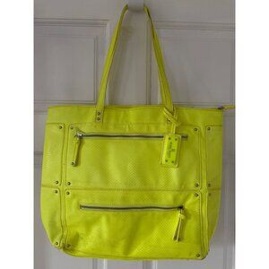 Nine West Bright Yellow Tote Bag With Multiple Zipper Pockets & Printed Interior